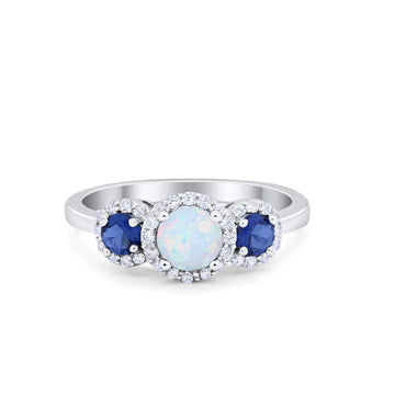 Three Stone Halo Lab Created White Opal Wedding Engagement Promise Ring 925 Sterling Silver